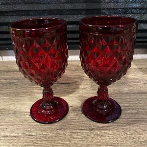 2 Red Diamond Cut Water Goblets 6.75”